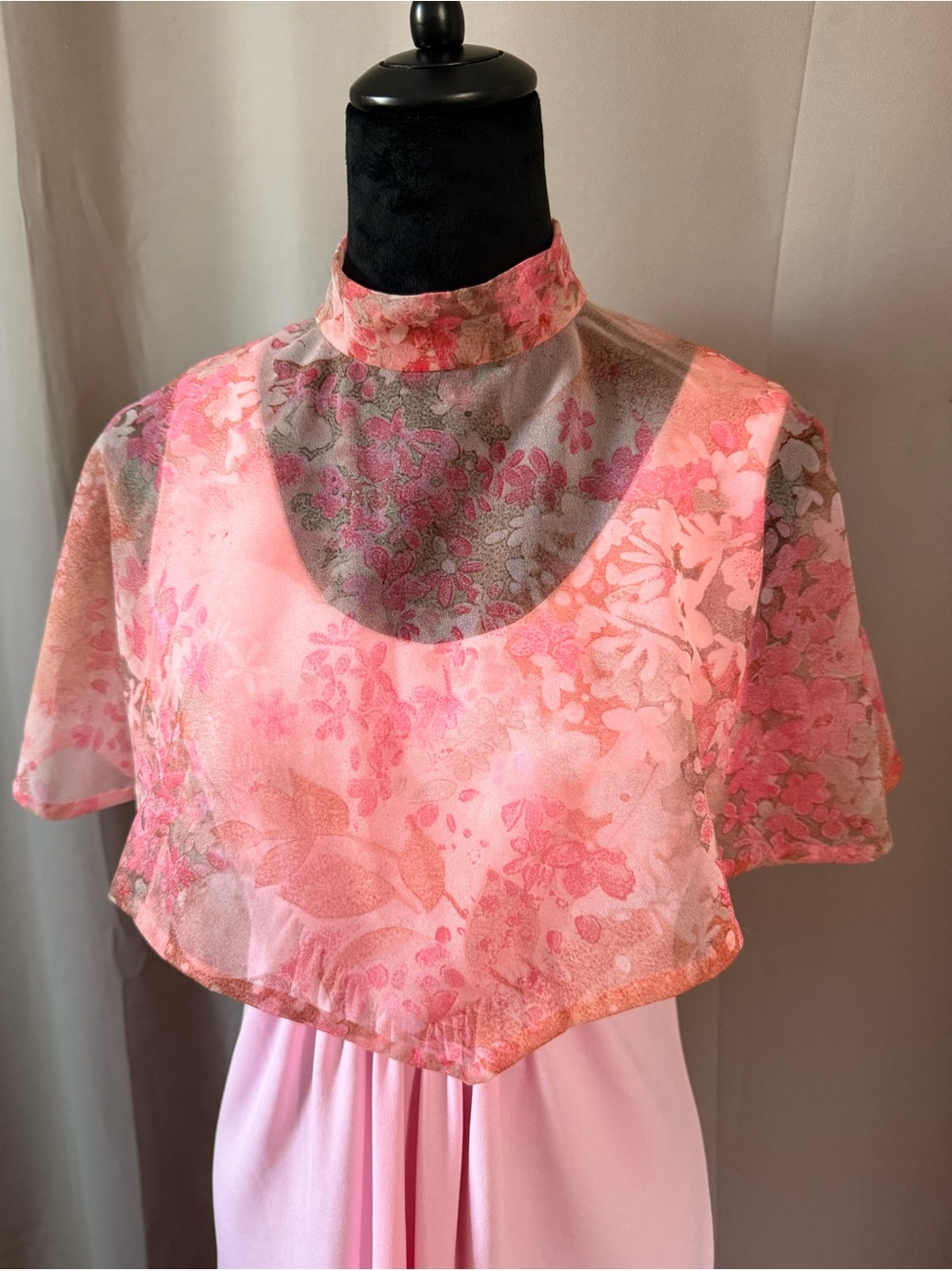 Pink Vintage 70s Maxi Dress Sheer Floral Capelet Womens Modern Size M/L